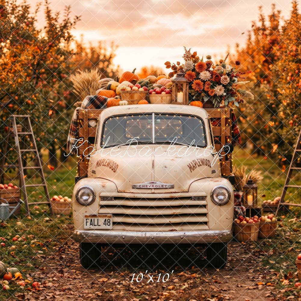 Kate Fall Vintage Truck Harvest Pumpkins Apple Orchard Printed Backdrop Designed by Patty Roberts