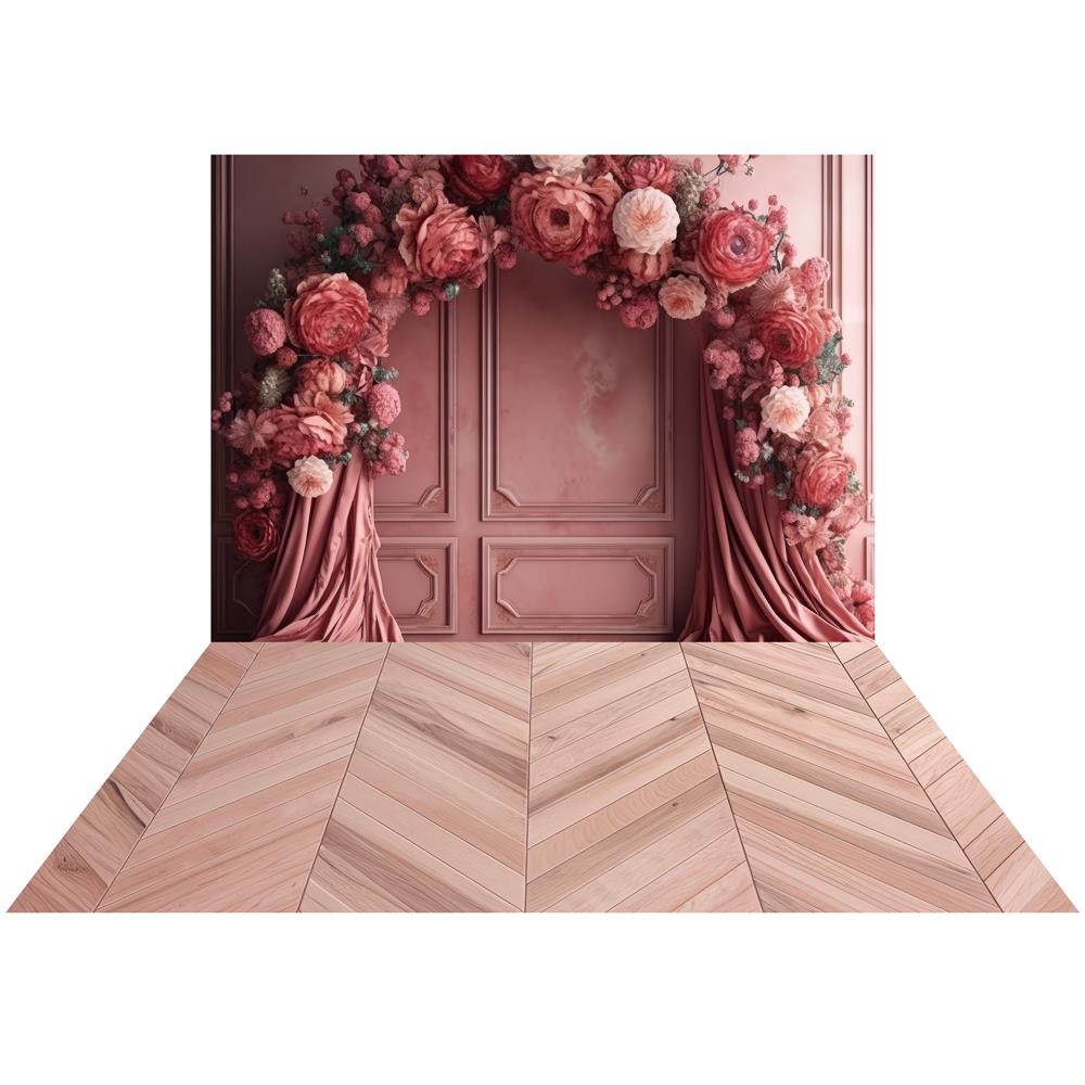 Kate Boho Floral Arch Pink Wall Backdrop+Beige Wood Rubber Floor Mat