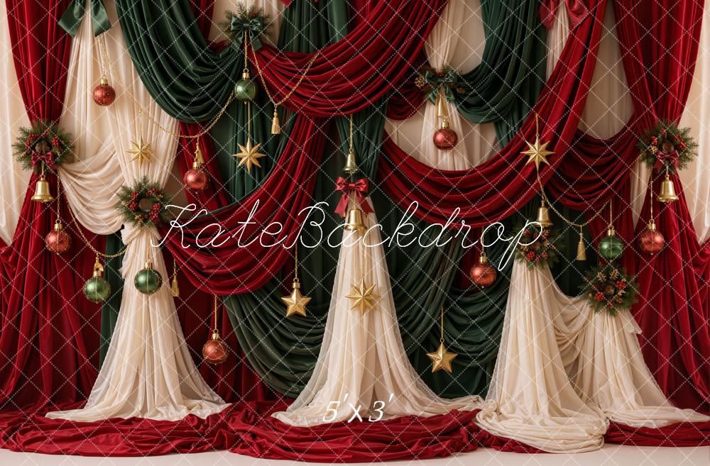 Kate Christmas Red Green Draped Curtains Ornaments Printed Backdrop Designed by Emetselch