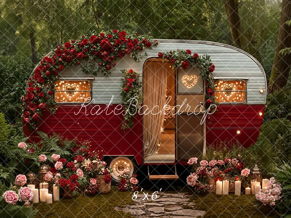 Kate Valentines Red Camper Floral Garland Candles Forest Backdrop Designed by Emetselch