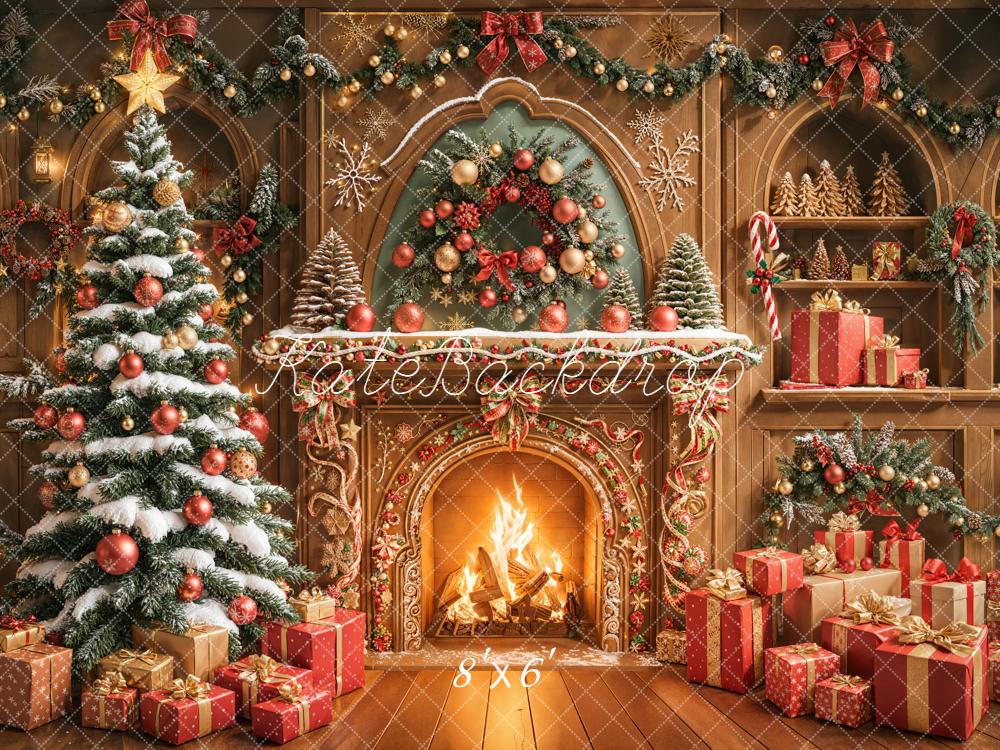Kate Christmas Fireplace Gingerbread Tree Garland Presents Backdrop Designed by Emetselch