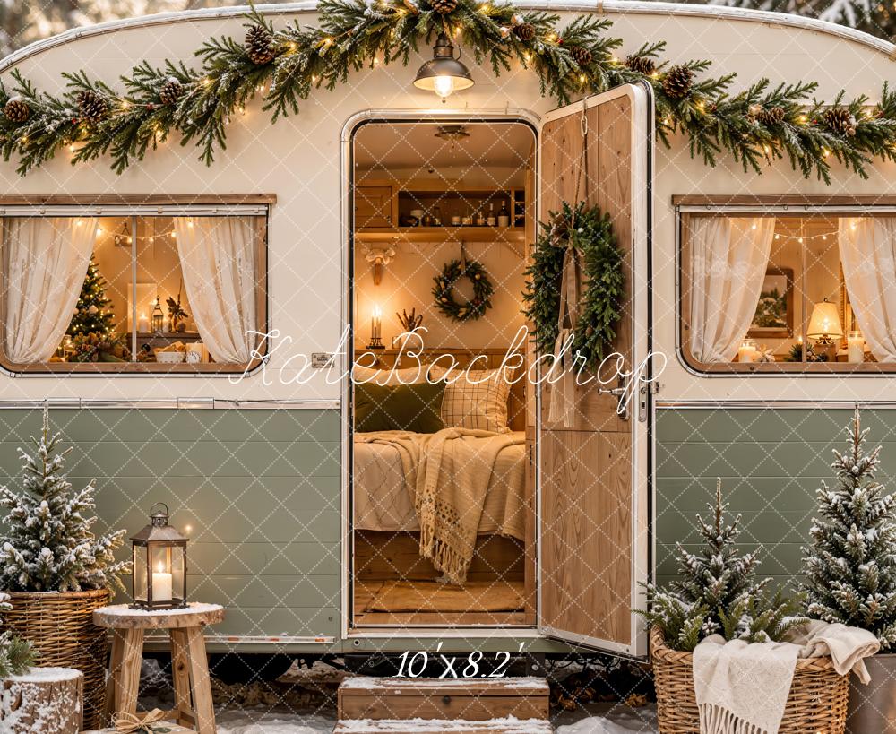 Kate Christmas Camper Rustic Snowy Trees Basket Forest Printed Backdrop Designed by Emetselch