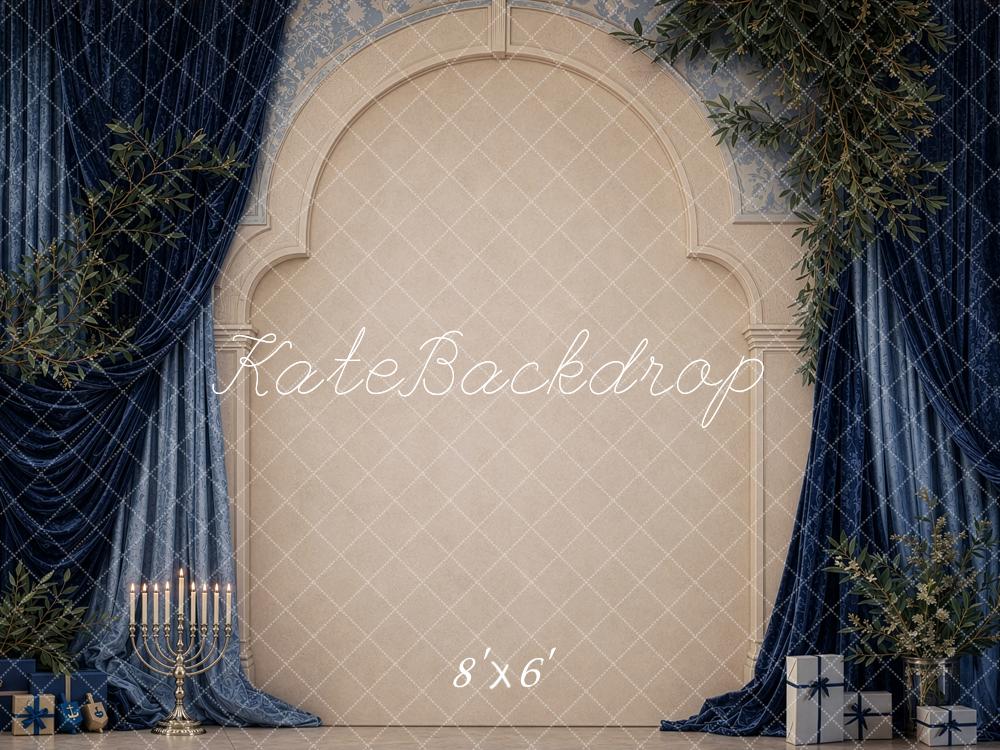 Kate Hanukkah Navy Drapes Arch Greenery Printed Backdrop Designed by Shutter Swan Studios