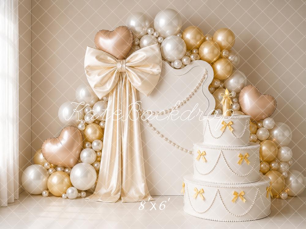 Kate Birthday Cake Smash Pearls Bows Gold Heart Balloons Printed Backdrop Designed by Shutter Swan Studios