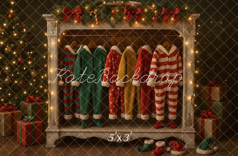 Kate Christmas Pajamas Closet Tree Lights Printed Backdrop Designed by Ashley Paul