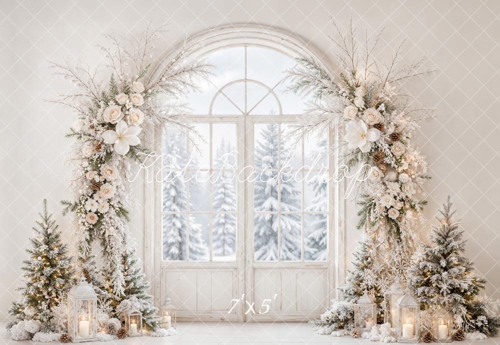 Kate Christmas Flower Arch White Winter Door Snowy Printed Backdrop Designed by Emetselch