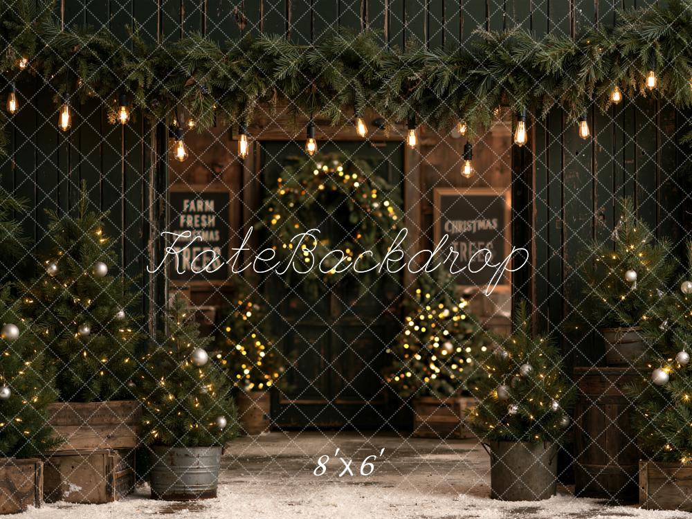 Kate Christmas Trees Farmhouse Evergreen Cabin Lights Printed Backdrop Designed by Emetselch