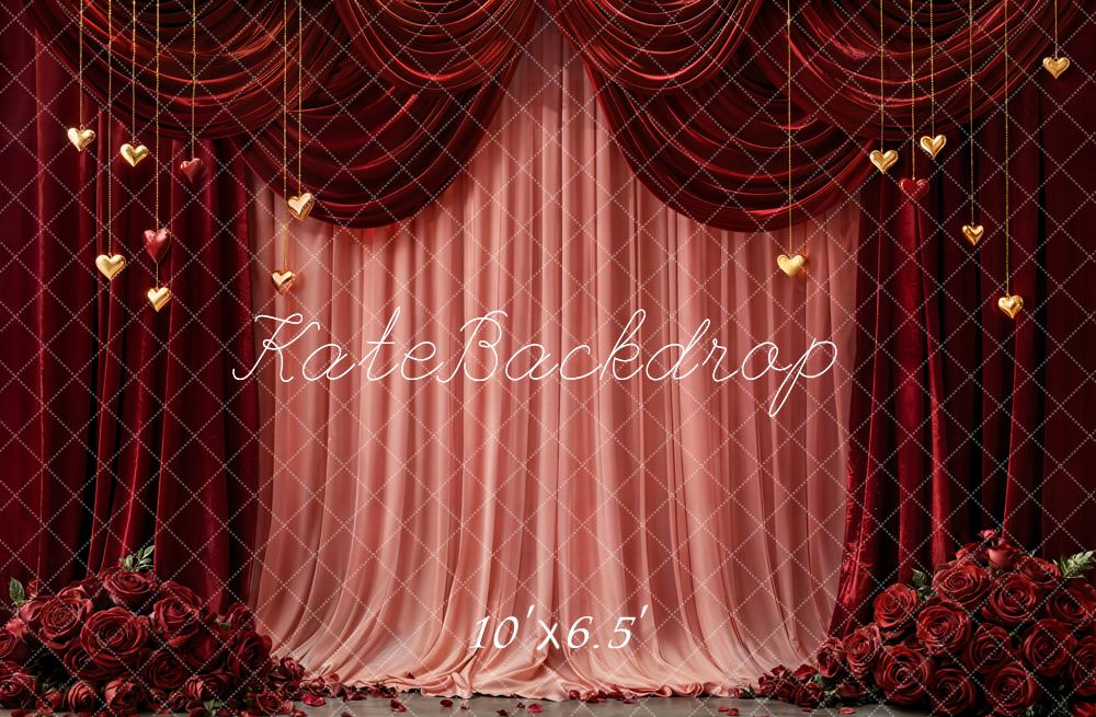 Kate Valentine's Day Red Curtains Pink Drapes Gold Hearts Roses Backdrop Designed by Emetselch