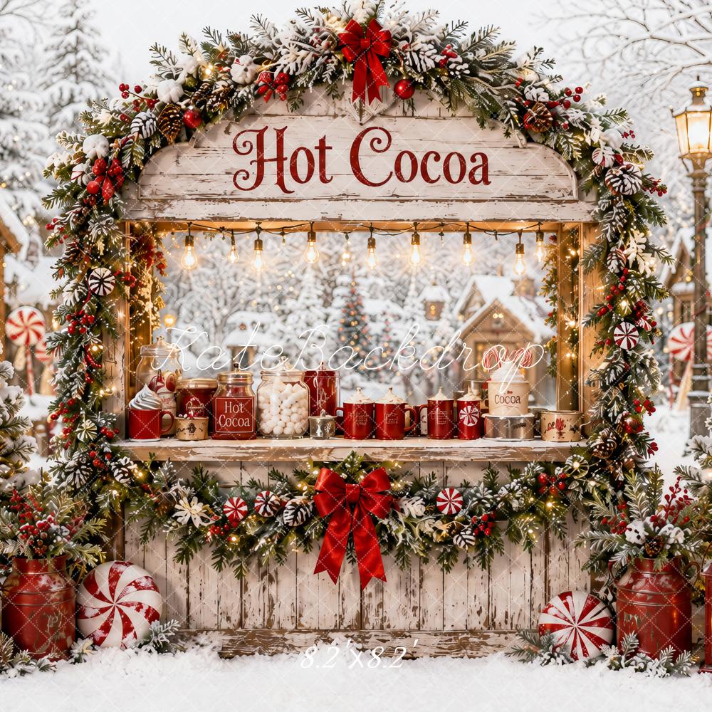 Kate Christmas Vintage Hot Cocoa Stand Snowy Village Trees Printed Backdrop Designed by Ashley Paul
