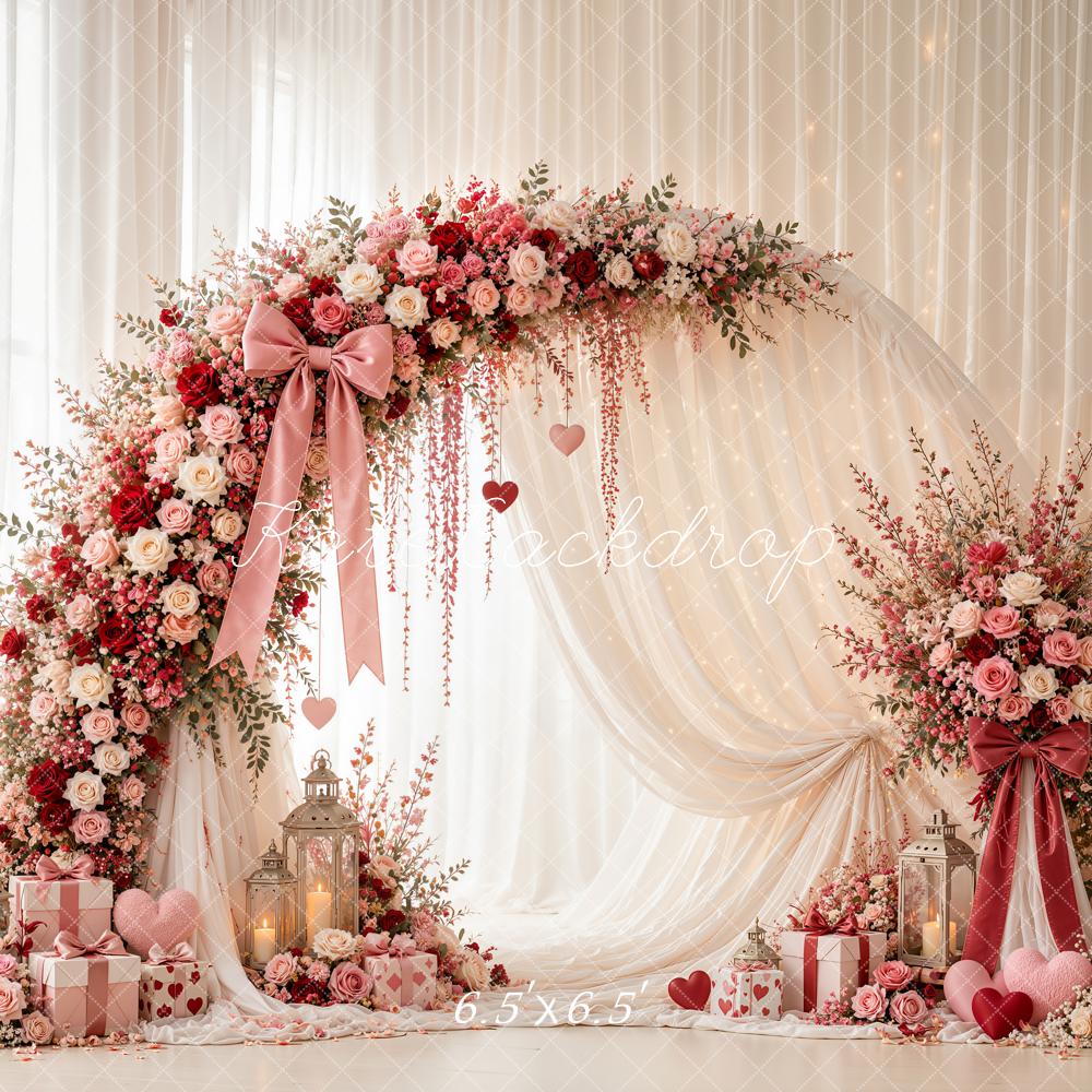 Kate Valentine's Day Circle Flower Arch Pink Roses Drapes Printed Backdrop Designed by Emetselch