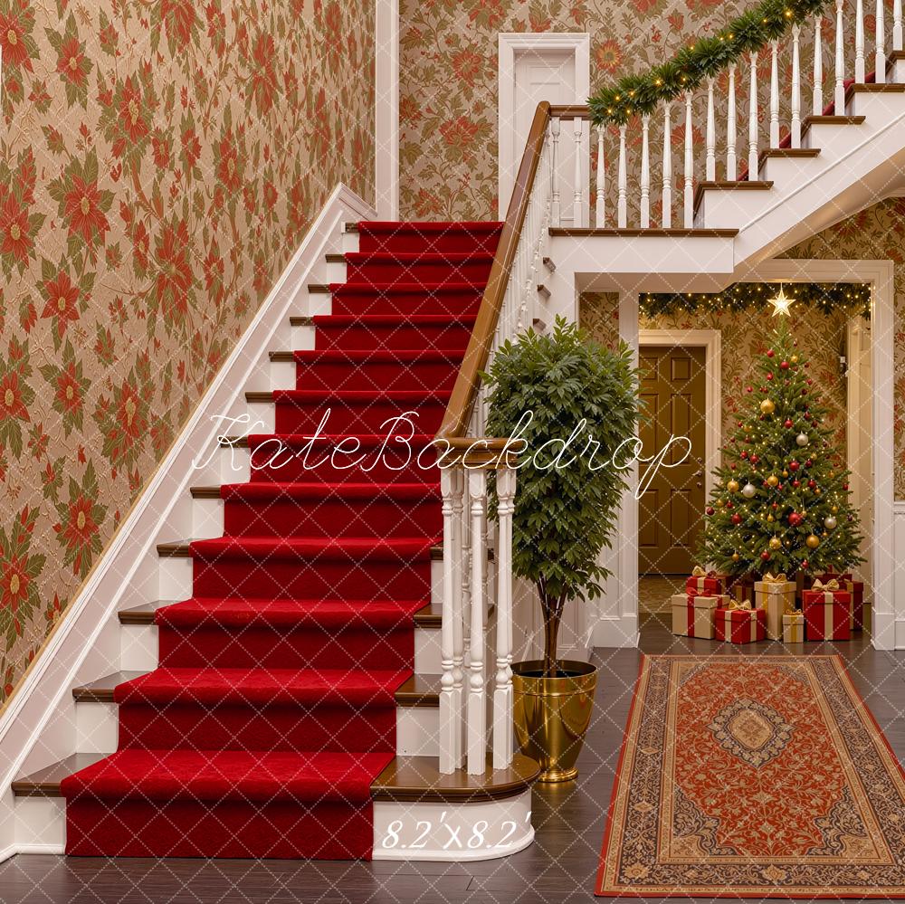 Kate Christmas Staircase Vintage Red Christmas Tree Printed Backdrop Designed by Shutter Swan Studios