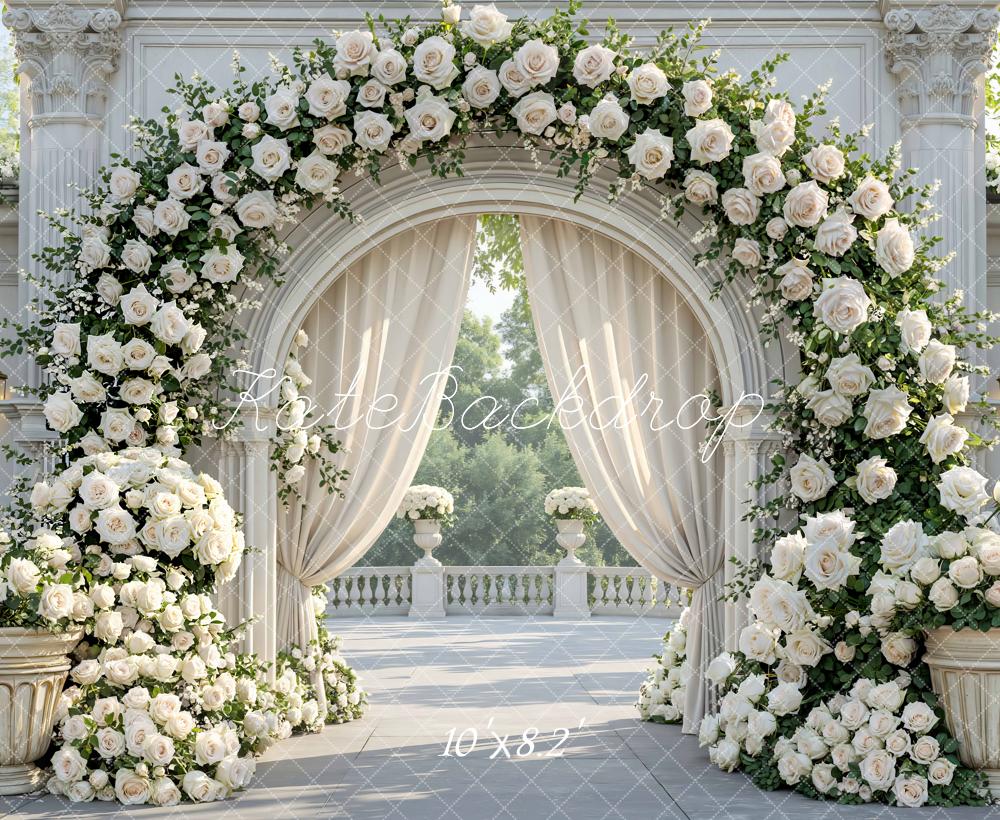 Kate Spring Flower Arch White Roses Columns Elegant Garden Backdrop Designed by Mini MakeBelieve