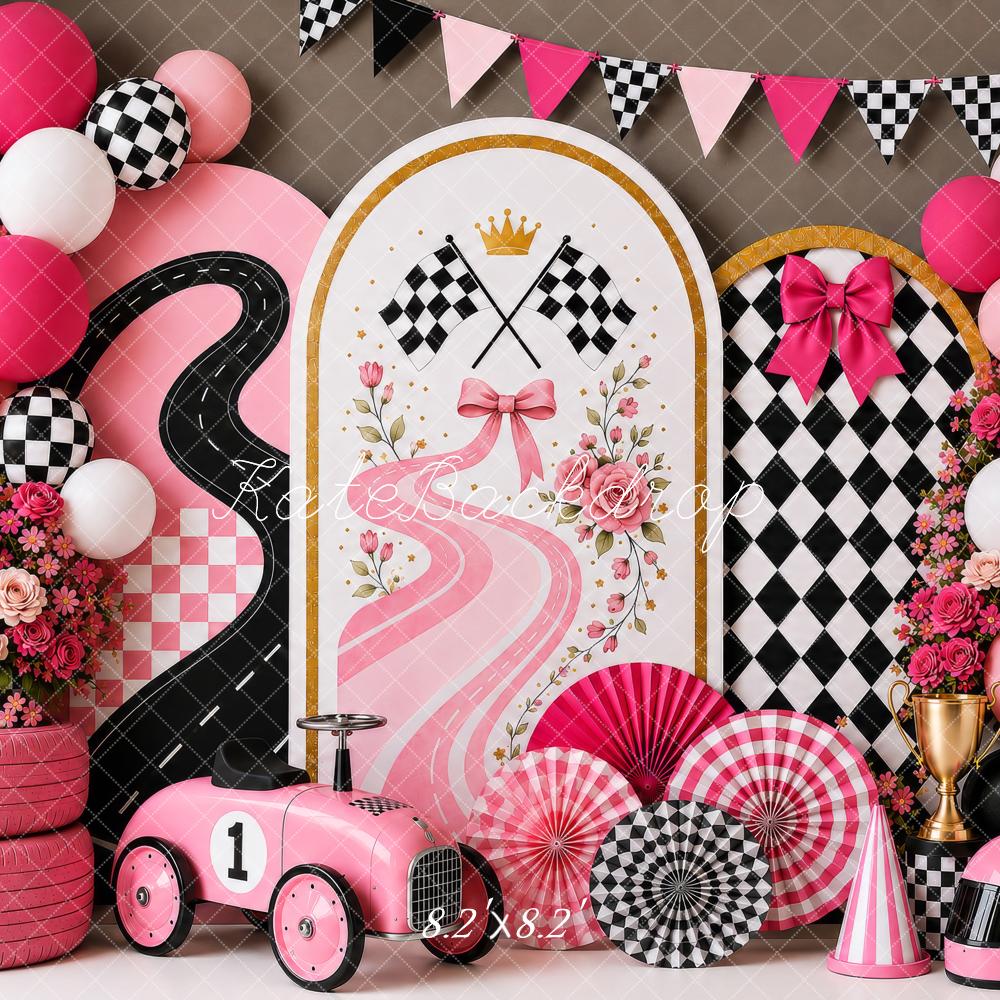 Kate Cake Smash Pink Racing Car Checkered Flag Floral Printed Backdrop Designed by Shutter Swan Studios
