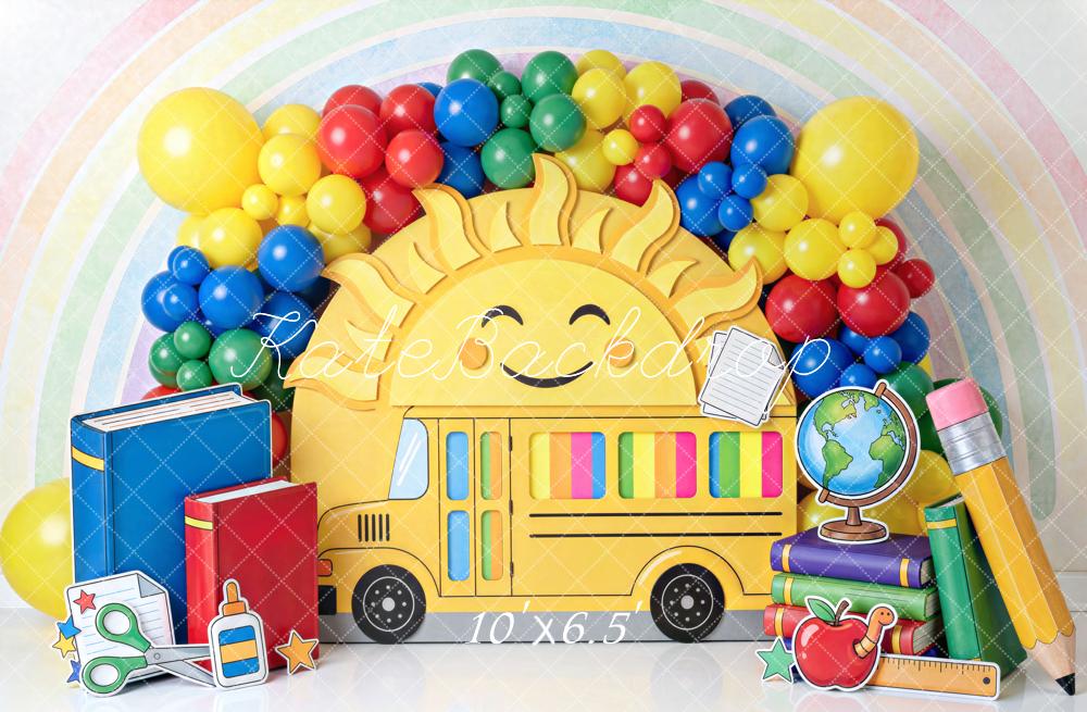 Kate Back To School School Bus Sun Rainbow Printed Backdrop Designed by Mini MakeBelieve
