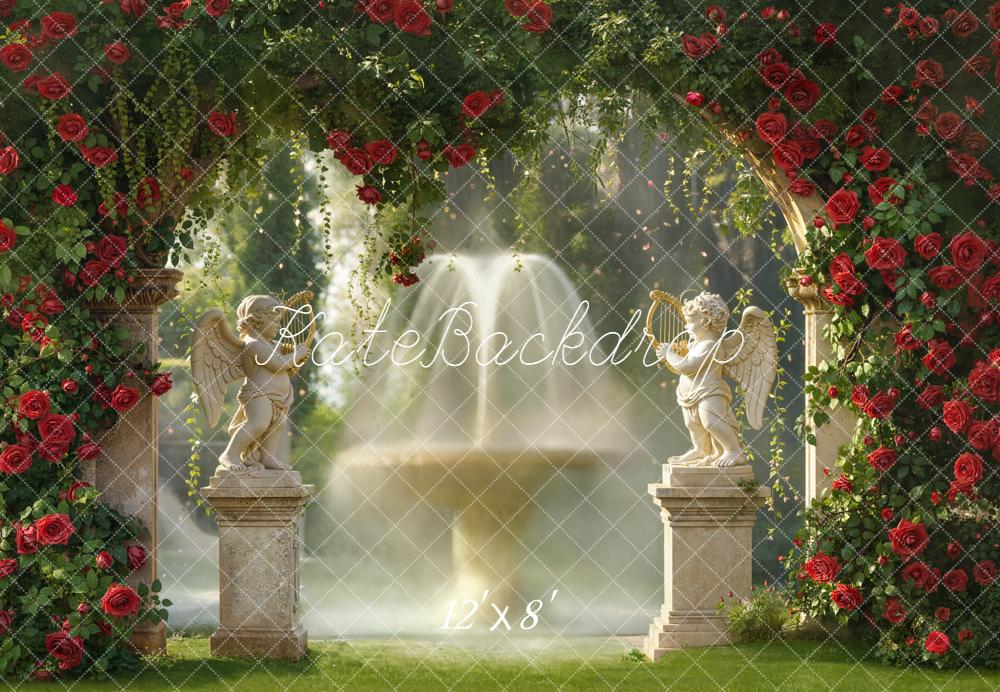 Kate Spring Red Rose Arch Angel Statues Fountain Garden Backdrop Designed by Emetselch