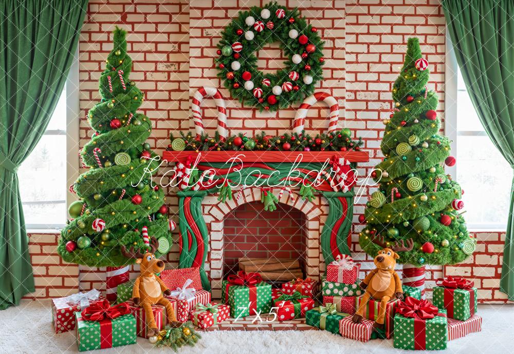 Kate Christmas Fireplace Brick Wreath Tree Gifts Reindeer Plush Backdrop Designed by Emetselch