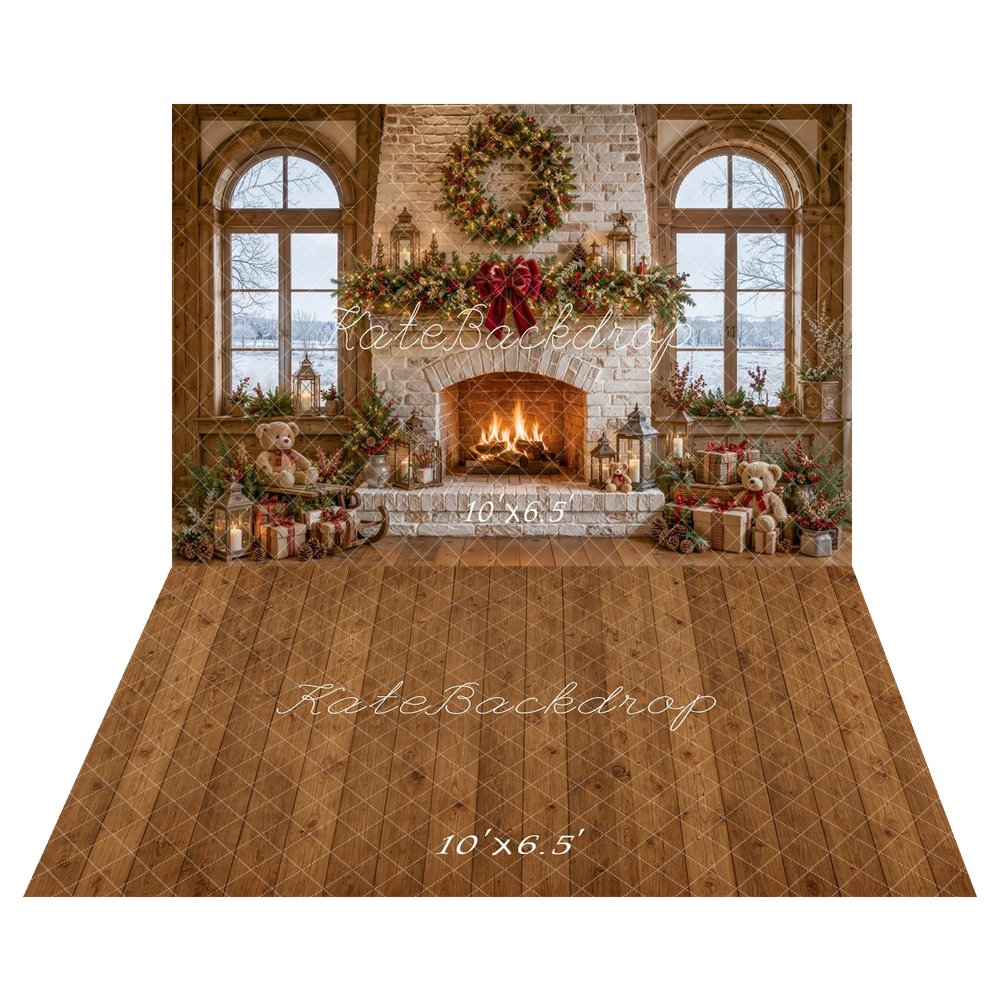 Kate Christmas Stone Fireplace Wreath Garland Lanterns Teddy Bear Printed Backdrop+Brown Wood Plank Floor Printed Backdrop
