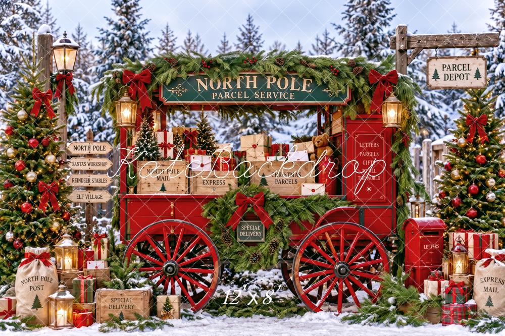 Kate Christmas North Pole Red Parcel Wagon Snowy Printed Backdrop Designed by Patty Roberts