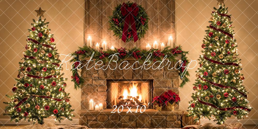 TEST Kate Christmas Tree Stone Fireplace Garland Red Bow Printed Backdrop Designed by Happy Squirrel Design