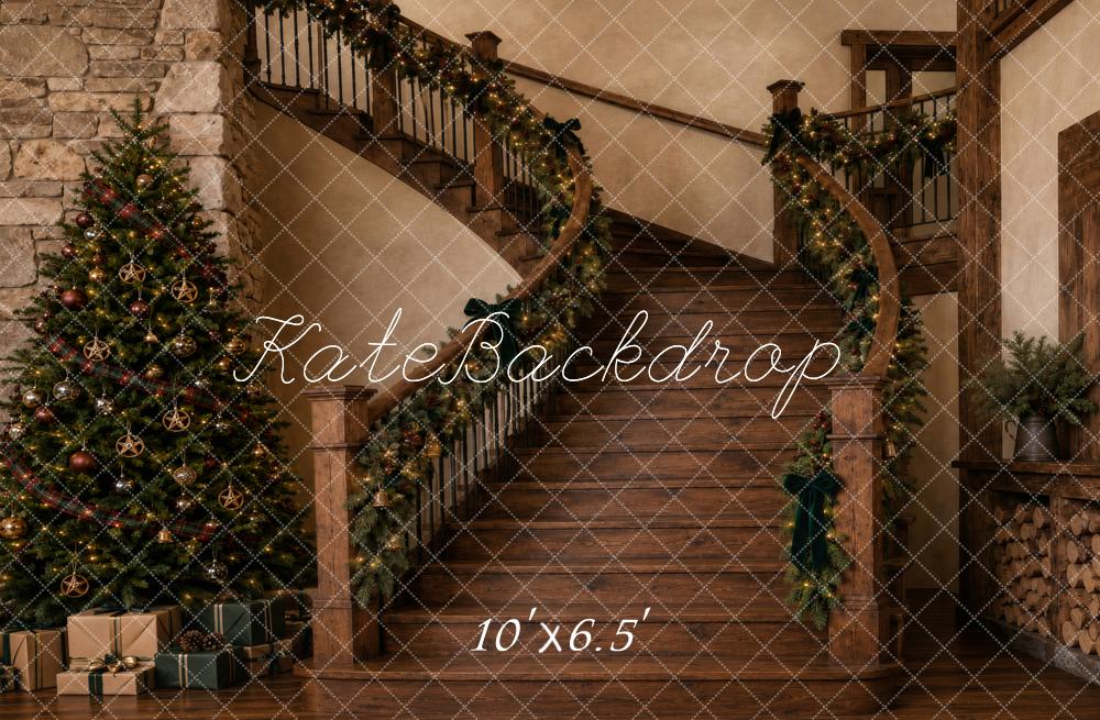 Kate Christmas Rustic Wood Staircase Garland Christmas Tree Printed Backdrop Designed by Vertigo Productions