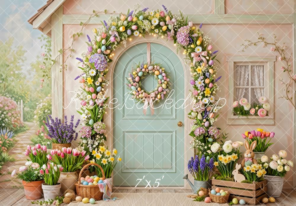 Kate Easter Bunny Flower Arch Tulips Pastel Doorway Printed Backdrop Designed by Patty Roberts