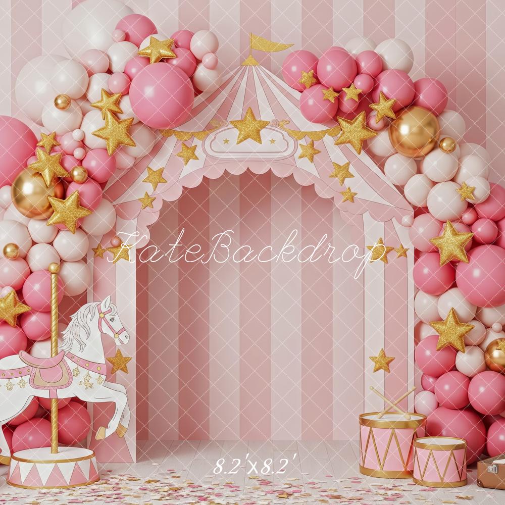 Kate Cake Smash Circus Carousel Balloon Arch Pink Striped Backdrop Designed by Patty Roberts