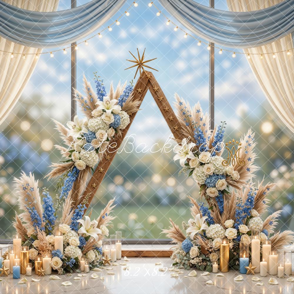 Kate Mother's Day Flower Arch Triangular Frame Candles Blue and White Drapes Printed Backdrop Designed by Emetselch