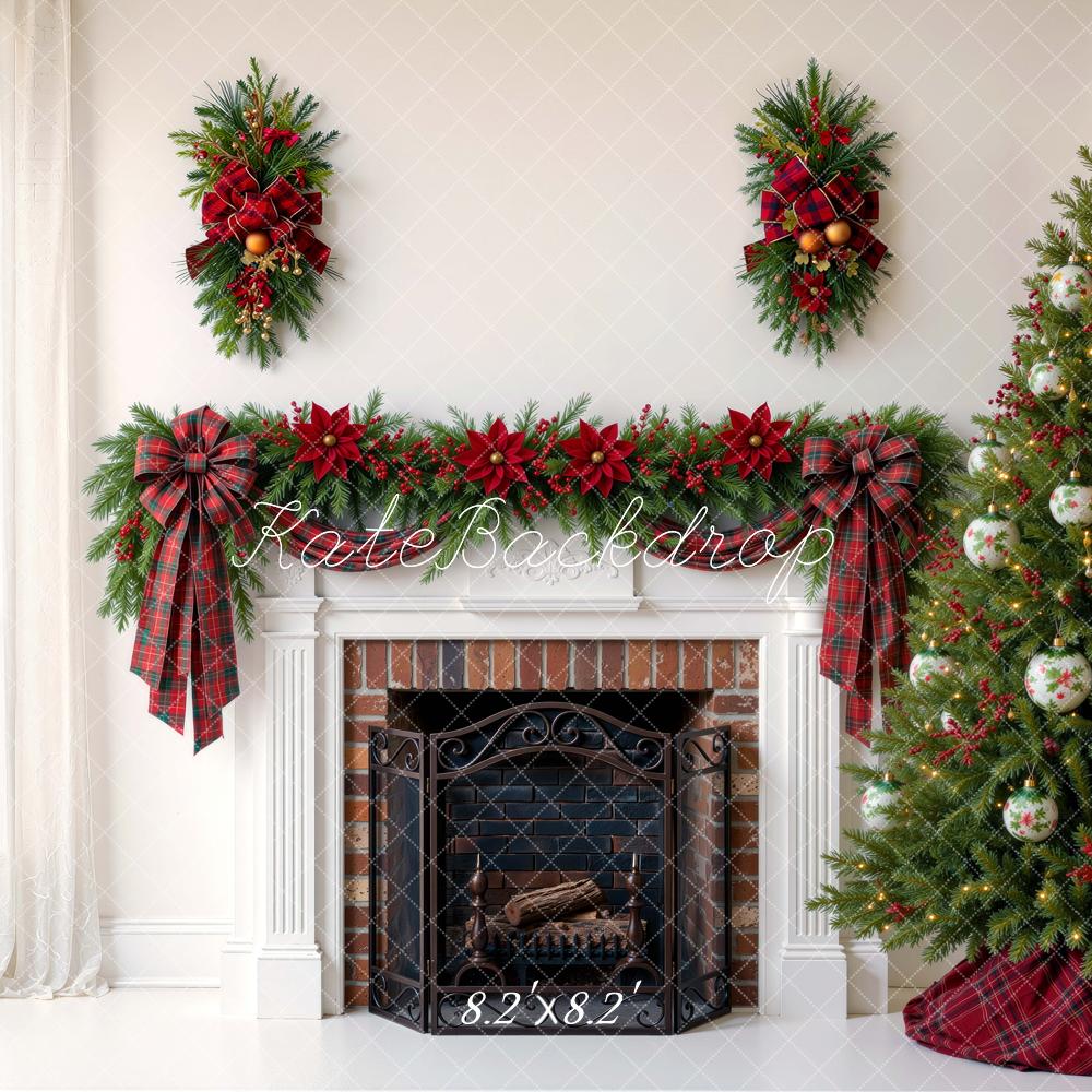 Kate Christmas Living Room Garland Fireplace Tree Red Plaid Bow Printed Backdrop Designed by Mini MakeBelieve