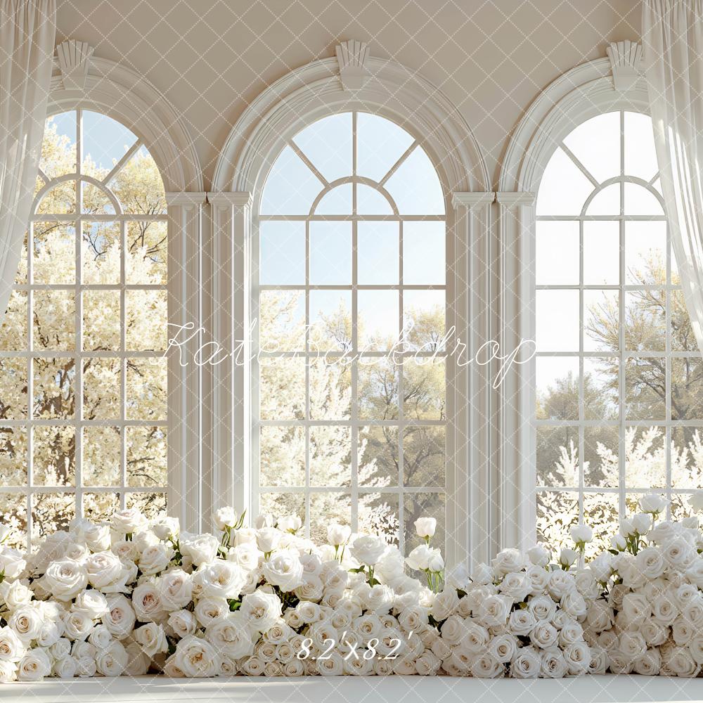 Kate Spring White Roses Floral Arch Large Windows Printed Backdrop Designed by Mini MakeBelieve