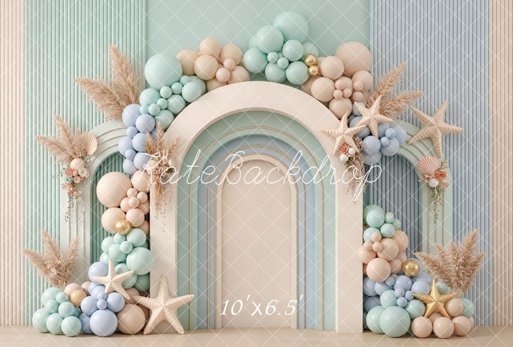 Kate Summer Cake Smash Arch Balloons Starfish Pampas Grass Pastel Printed Backdrop Designed by Emetselch