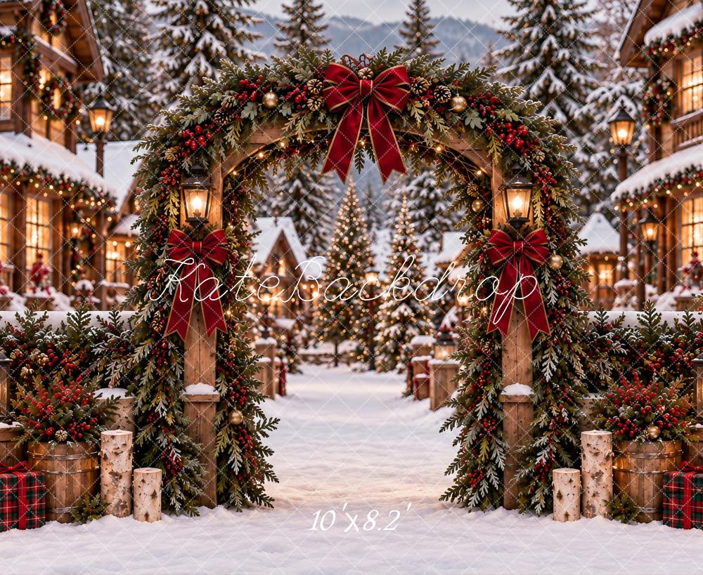 Kate Christmas Snowy Village Arch Garland Red Bow Printed Backdrop Designed by Ashley Paul