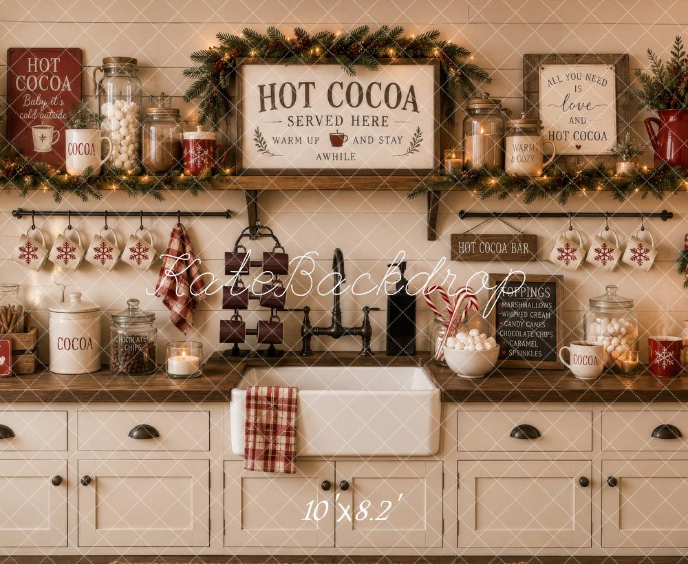 Kate Christmas Hot Cocoa Bar Rustic Kitchen Cabinet Printed Backdrop Designed by Megan Leigh Photography