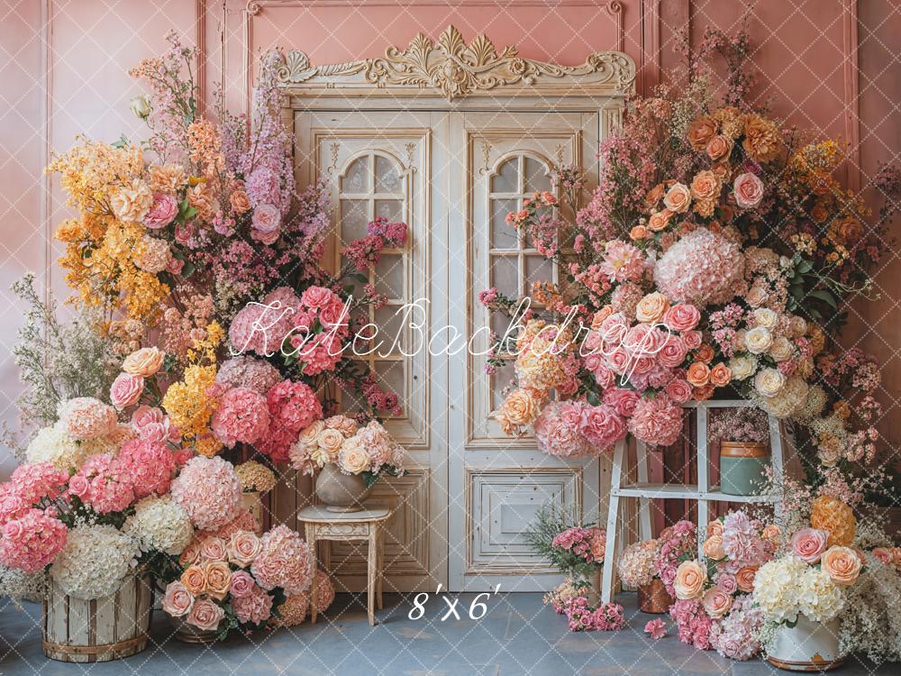 Kate Spring Flowers Vintage White Door Pink Wall Backdrop Designed by Emetselch