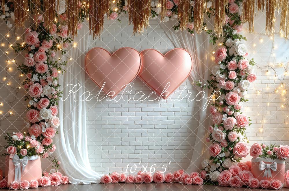 Kate Heart Balloons Flower Arch Pink Roses White Brick Wall Backdrop Designed by Mini MakeBelieve