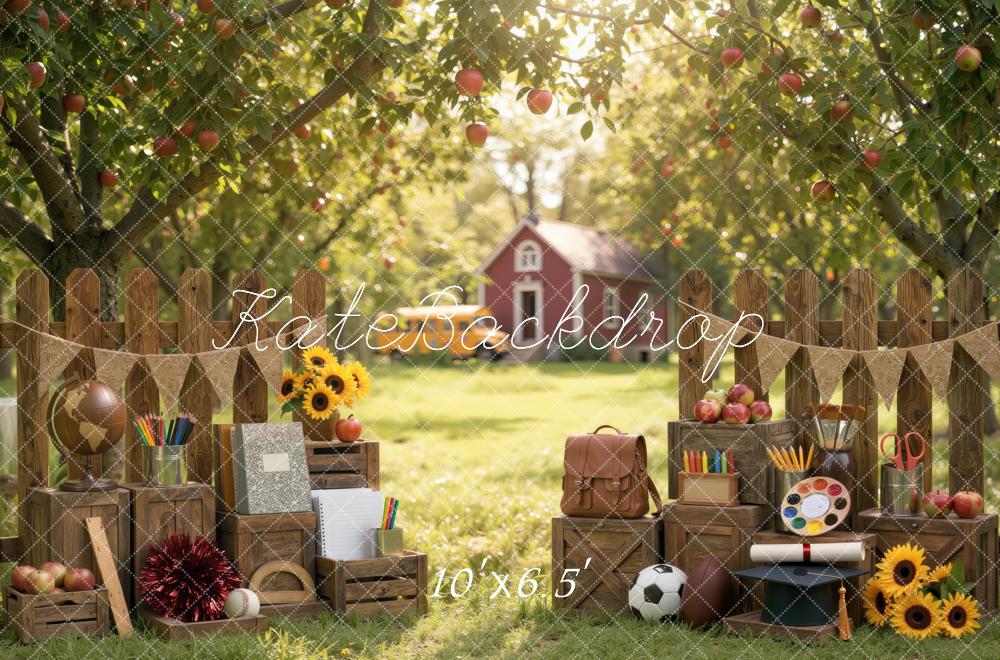 Kate Back To School Exterior Brown Fence Apple Orchard Wooden Crates Printed Backdrop Designed by Mini MakeBelieve