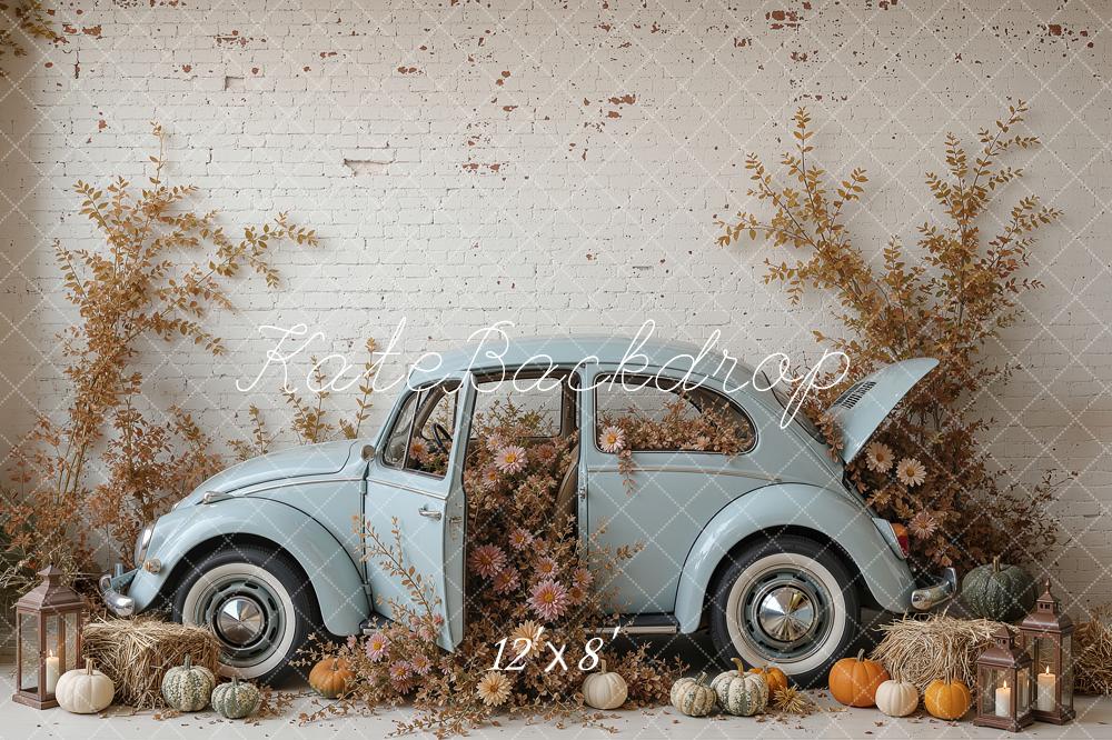 Kate Fall Vintage Blue Car Pumpkins White Brick Wall Printed Backdrop Designed by Ashley Ward