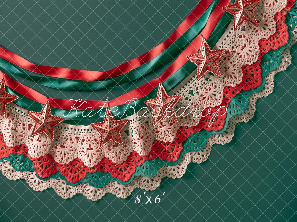 Kate Christmas Cultural Teal Lace Ribbon Flags Stars Printed Backdrop Designed by Angela Miller