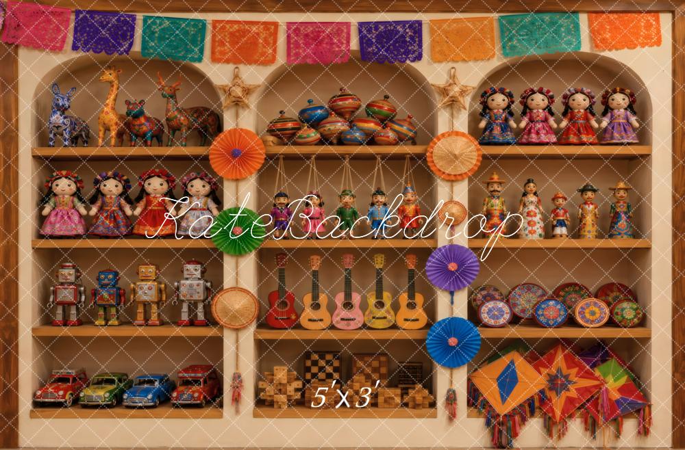 Kate Fiesta Colorful Mexican Folk Art Toy Cabinet Printed Backdrop Designed by Vertigo Productions
