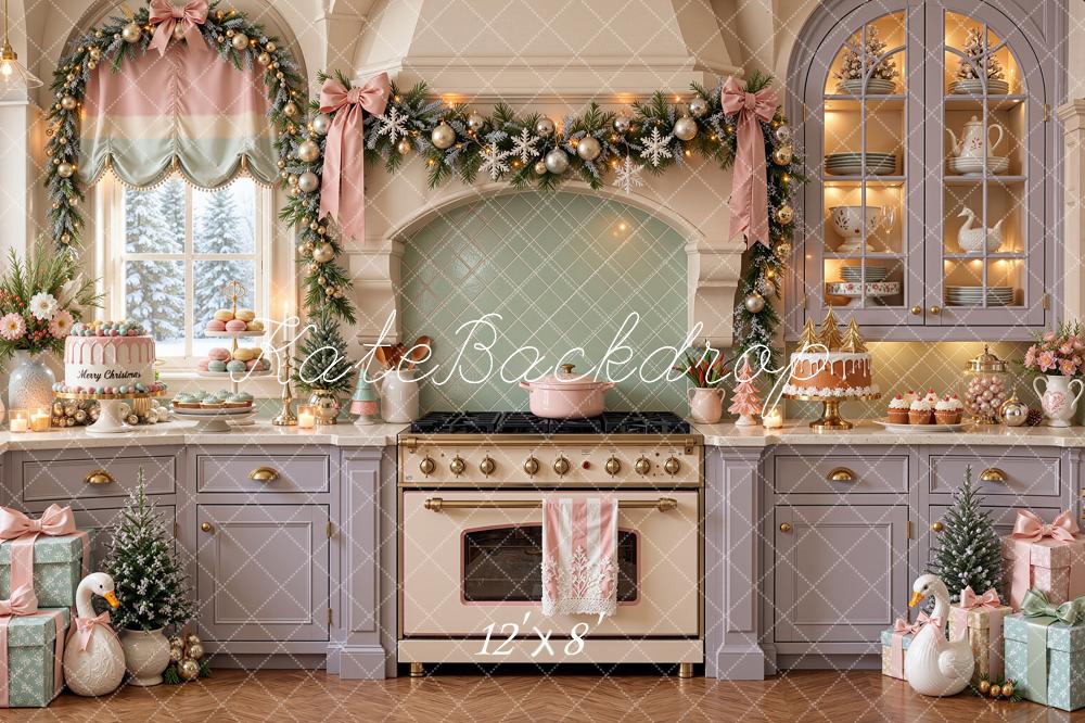 Kate Christmas Pastel Kitchen Garland Stove Baking Purple Printed Backdrop Designed by Shutter Swan Studios