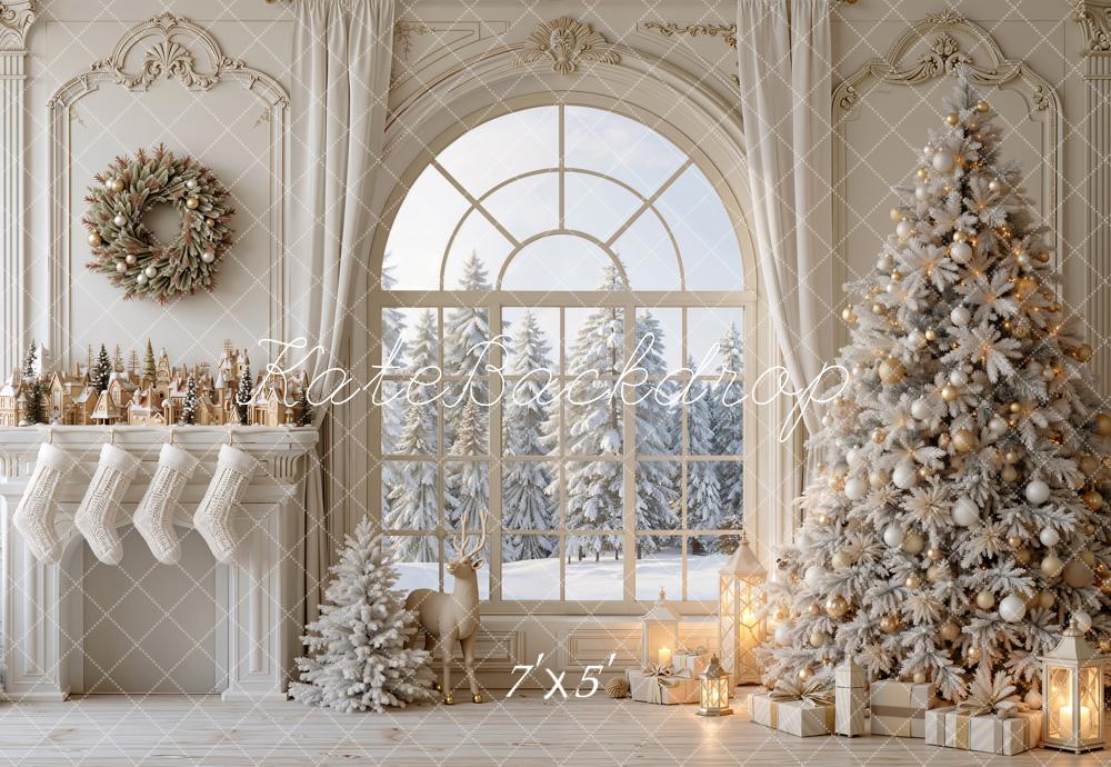 Kate Christmas Tree Ivory Fireplace Arched Window Snow Printed Backdrop Designed by Emetselch