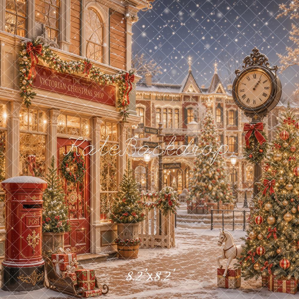 Kate Christmas Victorian Street Clock Lamp Post Christmas Tree Gifts Printed Backdrop Designed by Emetselch