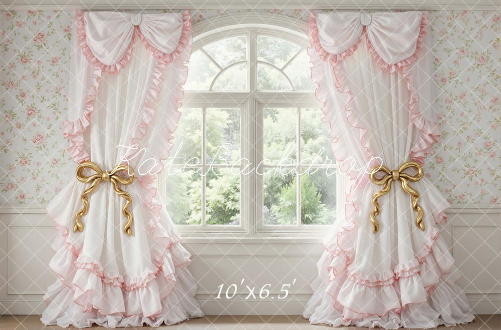 Kate Spring Pink Ruffle Curtains Floral Wallpaper Window Backdrop Designed by Mini MakeBelieve