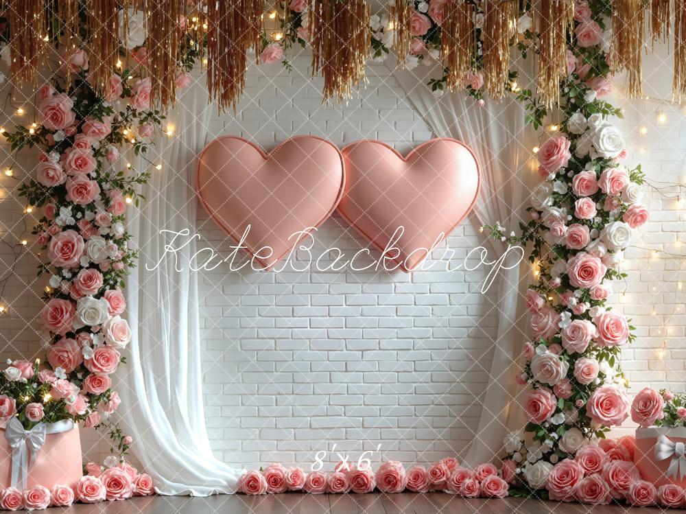 Kate Heart Balloons Flower Arch Pink Roses White Brick Wall Backdrop Designed by Mini MakeBelieve