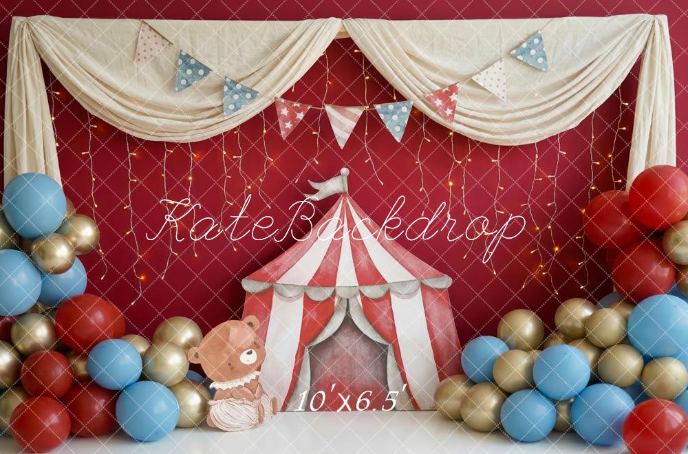 Kate Cake Smash Circus Tent Bear Balloons Red Printed Backdrop Designed by Patty Roberts