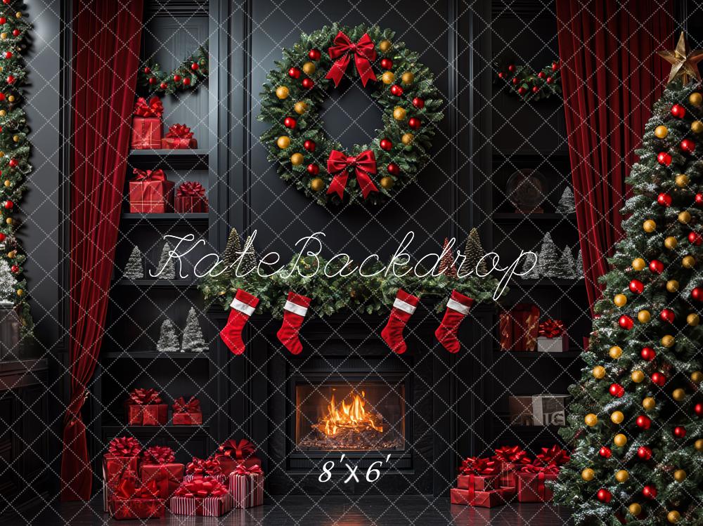 Kate Christmas Tree Black Fireplace Wreath Shelves Backdrop Designed by Mini MakeBelieve