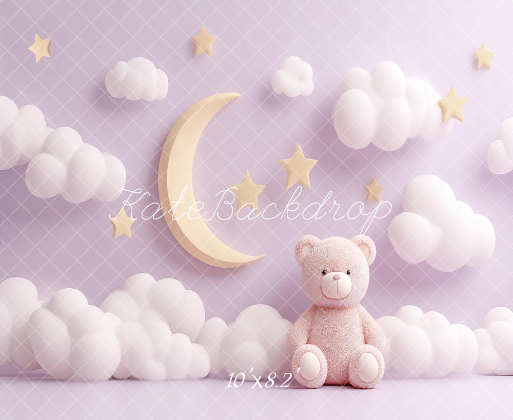 Kate Cake Smash Moon Clouds Stars Pink Teddy Bear Printed Backdrop Designed by Angela Miller