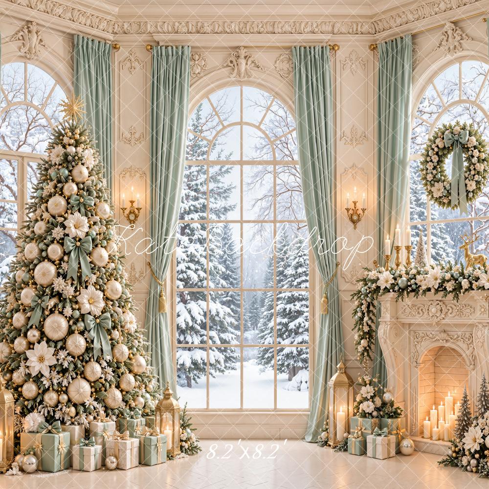 Kate Christmas Tree Fireplace Wreath Snowy Window Printed Backdrop Designed by Emetselch