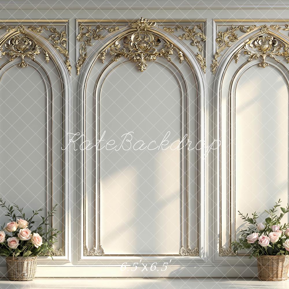 Kate White Gold Ornate Arch Wall With Flower Baskets Backdrop Designed by Mini MakeBelieve