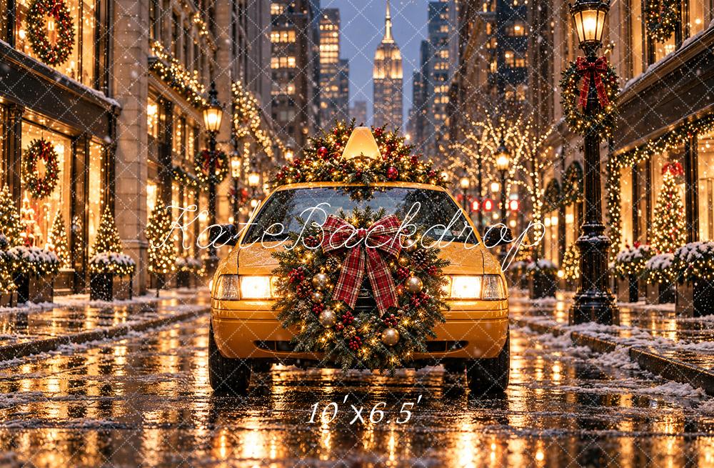 Kate Christmas Yellow Taxi Snowy City Street Printed Backdrop Designed by Angela Miller