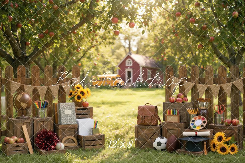 Kate Back To School Exterior Brown Fence Apple Orchard Wooden Crates Printed Backdrop Designed by Mini MakeBelieve